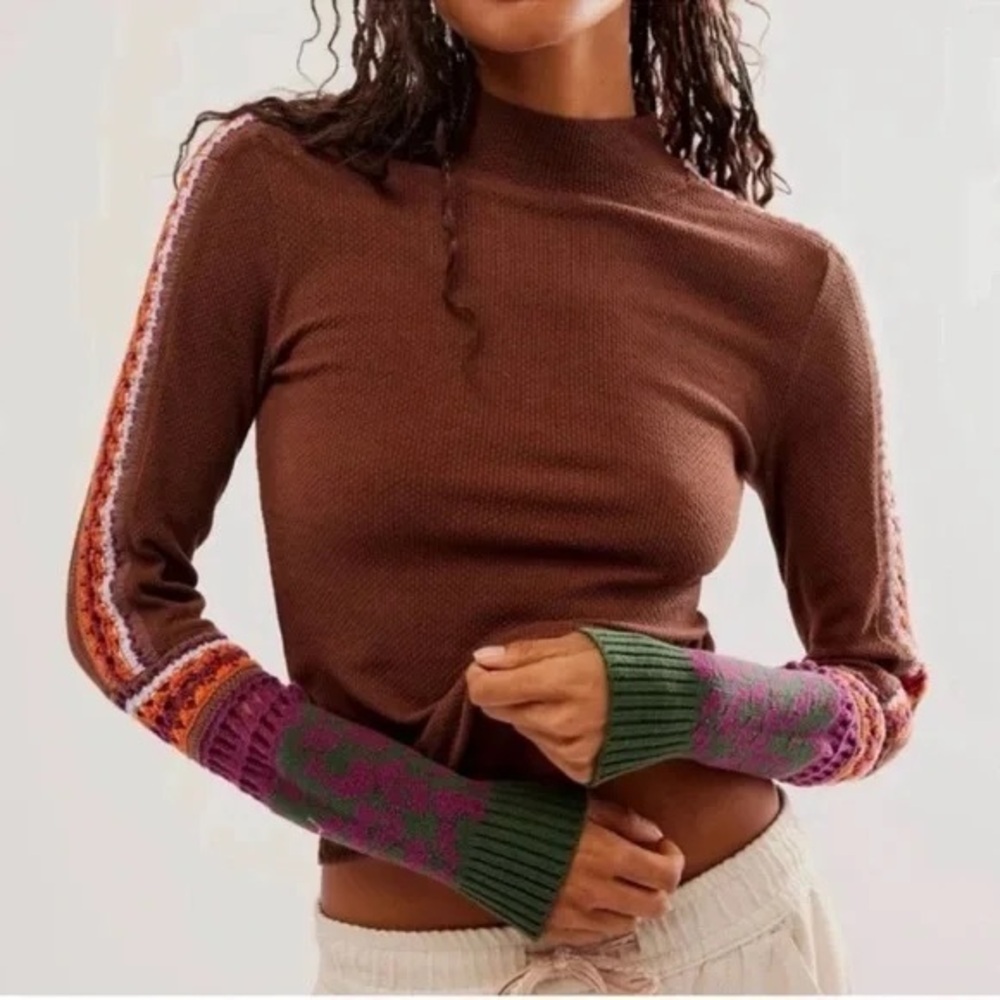 Free People Brown Long Sleeve Top with Colorful Accents